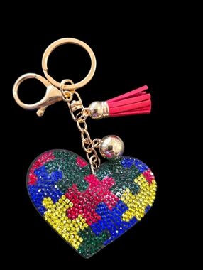 Autism Awareness Heart Rhinestone Bag Charm Keychain with Pink Tassel